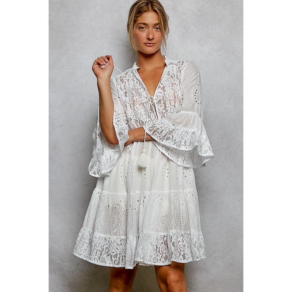POL White Eyelet Lace Boho‎ Mini Dress Ruffle 3/4 Sleeve Tassel Tie V-Neck  S